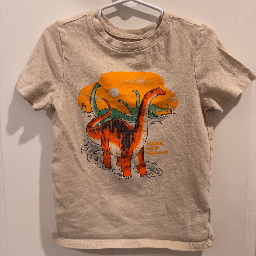 Old Navy Cream Tee with Orange & Green Dinosaur Graphic